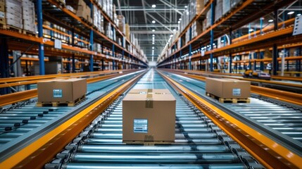 Fototapeta premium A cardboard box moves along a conveyor belt at a logistics warehouse structure. Algorithms and automated systems are available for sorting and storing goods throughout the supply chain.