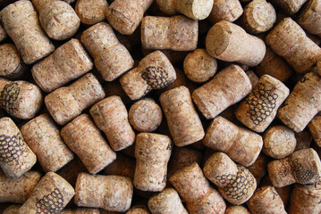wine and champagne corks are laid out on the surface