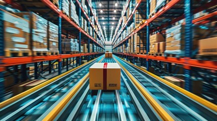 A cardboard box moves along a conveyor belt at a logistics warehouse structure. Algorithms and automated systems are available for sorting and storing goods throughout the supply chain.