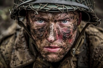 Obraz premium Intense gaze of a rugged soldier with camouflage facepaint
