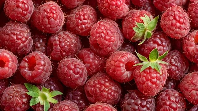 Close Up Rotation Loopable Raspberry. Fresh, Juicy Raspberry Background, Ripe. Macro Red Raspberries Fruit. Fresh Raspberry Fruits As Food Dackground. Healthy Food Organic Nutrition. AI