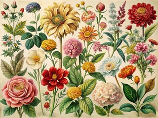 Vintage artwork and retro graphic design set of botanical illustrations of flowers or floral plants
