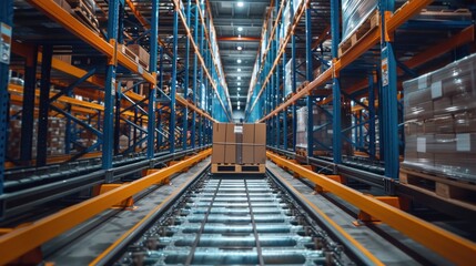 A cardboard box moves along a conveyor belt at a logistics warehouse structure. Algorithms and automated systems are available for sorting and storing goods throughout the supply chain.