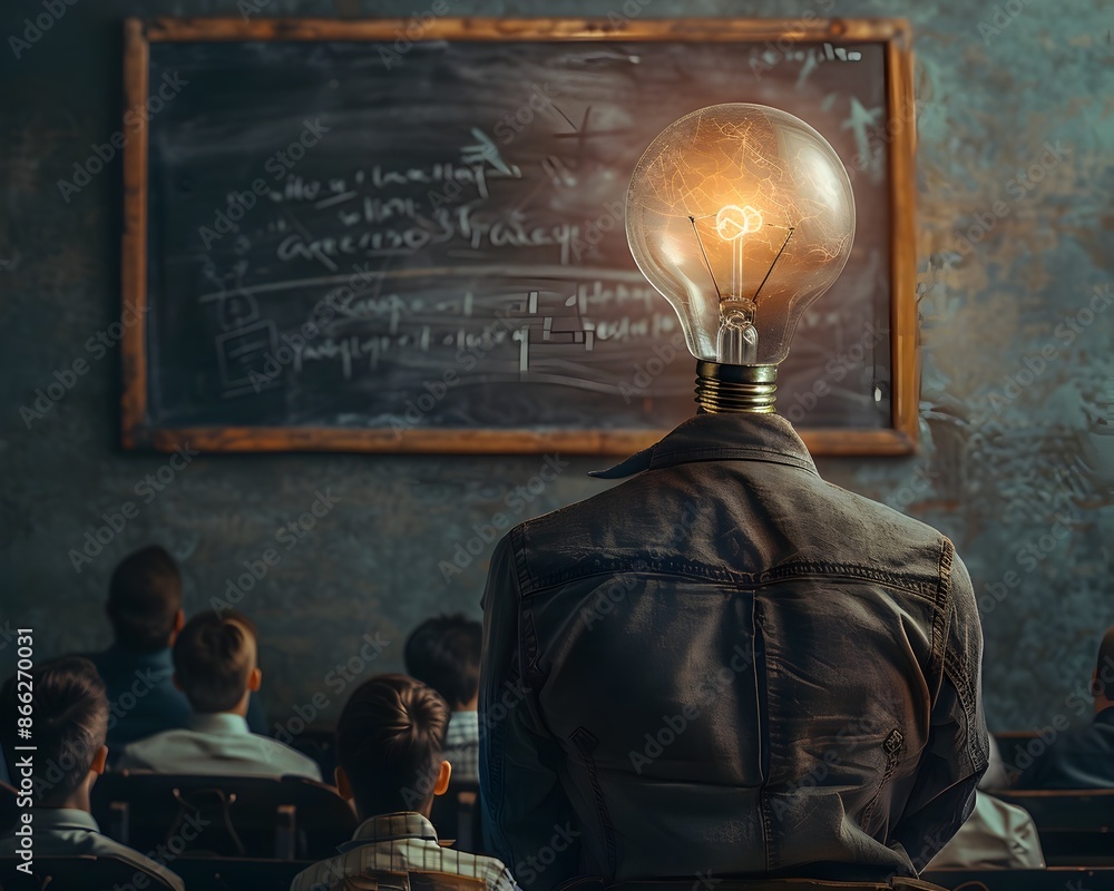 Poster innovative educator inspiring students with illuminating teachings in classroom setting
