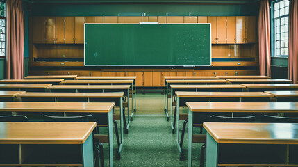 A quiet, empty classroom showcasing a green chalkboard at the front, with rows of desks and chairs aligned perfectly.