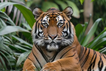 Fototapeta premium Majestic tiger lounging amidst lush greenery