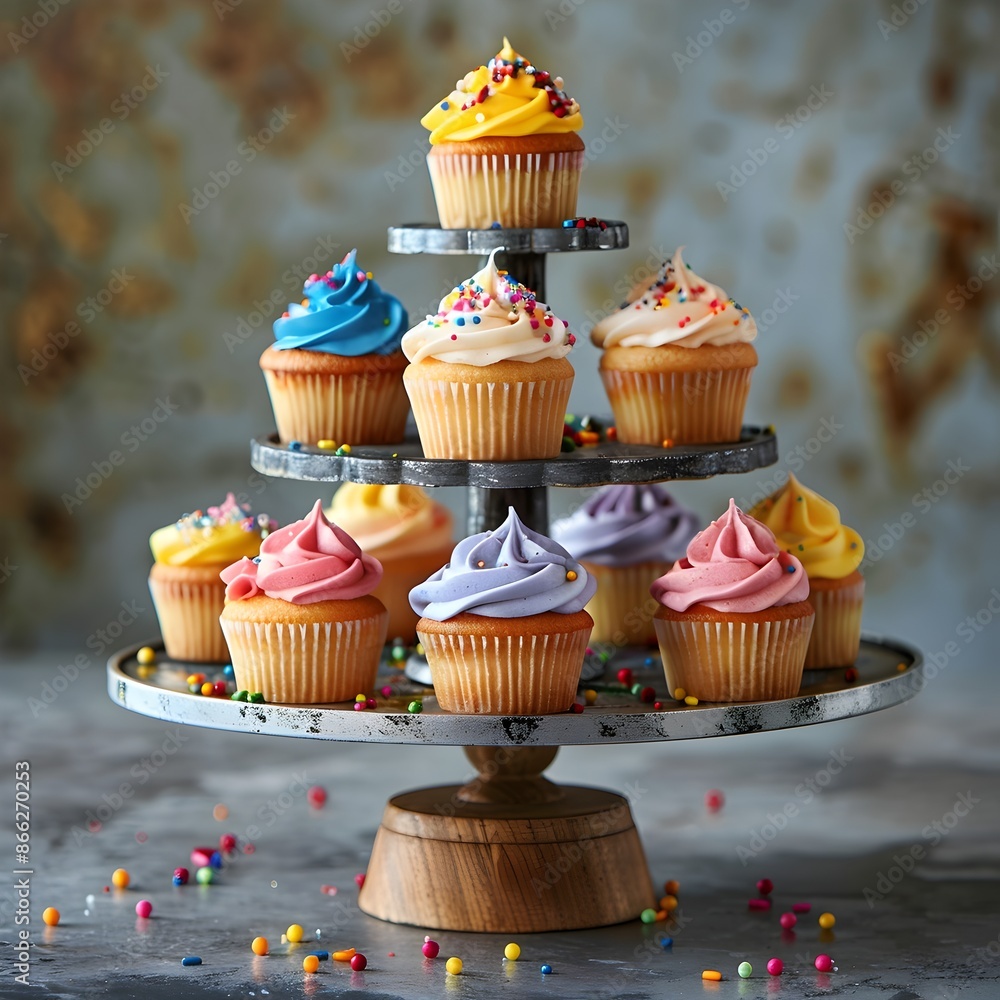 Poster assortment of colorful mini cupcakes displayed on a tiered stand with sprinkles and frosting