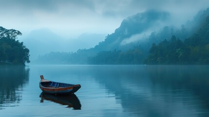 Fototapeta premium A lone wooden lake boat rests on the calm waters of a misty lake, reflecting a golden sunrise and the surrounding forest. Reflection in the water.