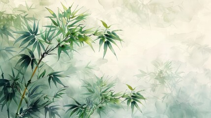 Abstract watercolor painting of bamboo forest in misty landscape. Japanese style art print of nature scene. Tranquil and peaceful background.