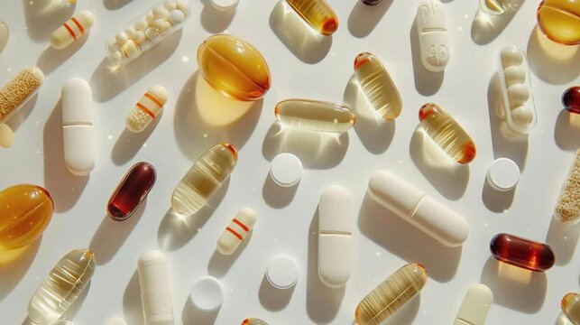Assorted pharmaceutical medicine pills tablets with white background, tile video background.