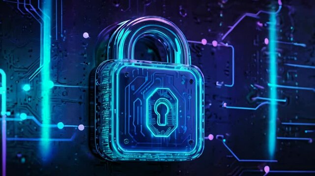 Blue neon lock symbol on electonic digital circuit board. Concept of the spread of security and data protection, cyber security, technology, digital security and IT infrastructure. AI