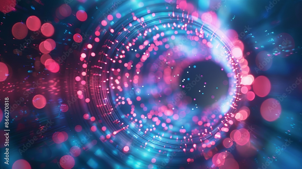 Poster 3d render, abstract background with blue and pink light rays and bokeh lights