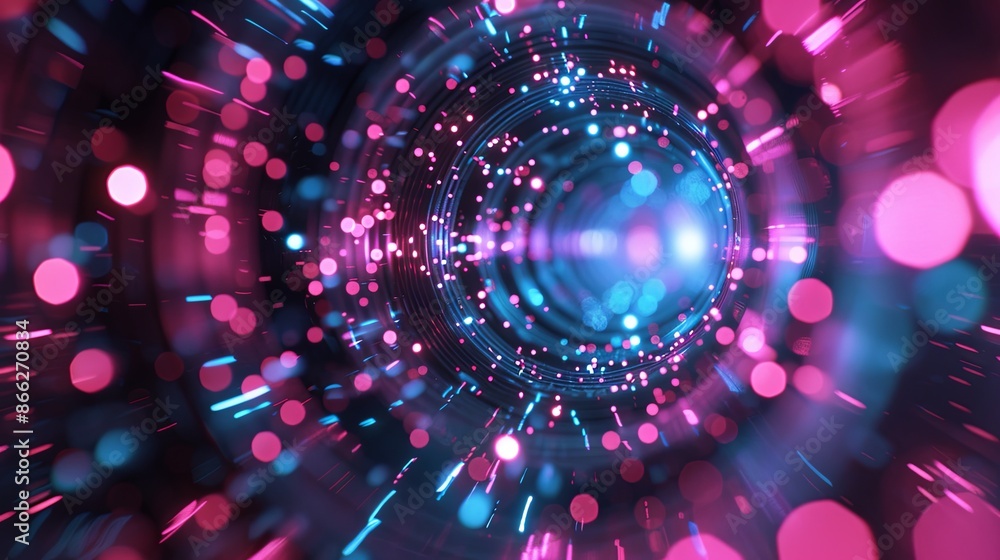 Poster 3d render, abstract background with blue and pink light rays and bokeh lights