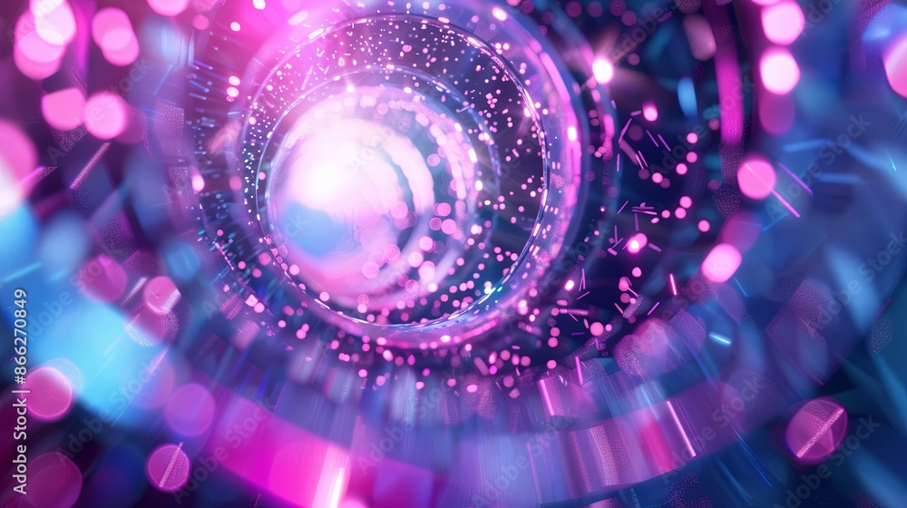 Poster 3d render, abstract background with blue and pink light rays and bokeh lights