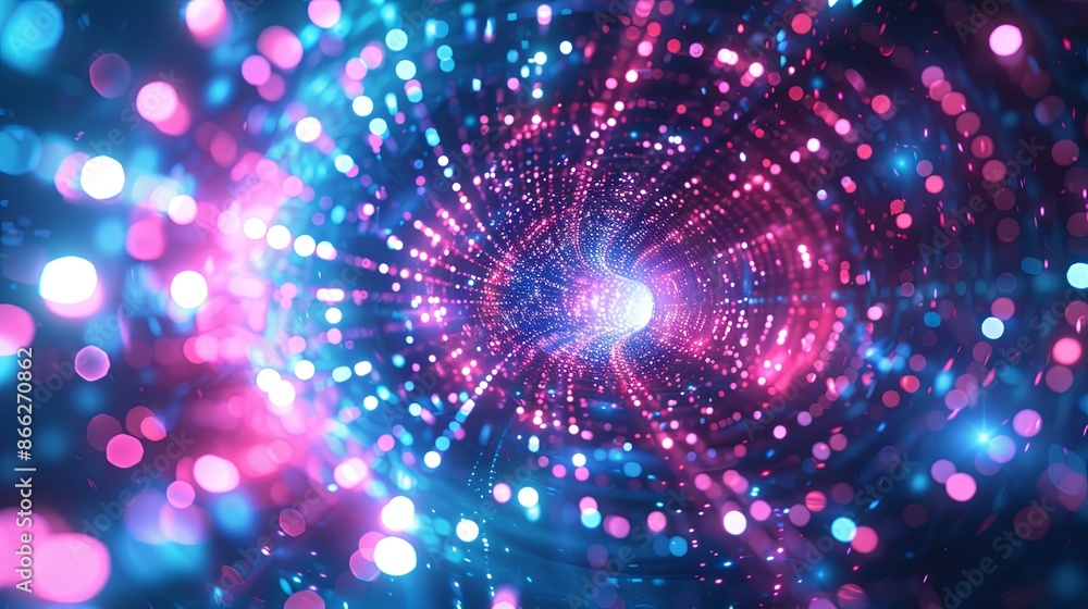 Poster 3d render, abstract background with blue and pink light rays and bokeh lights