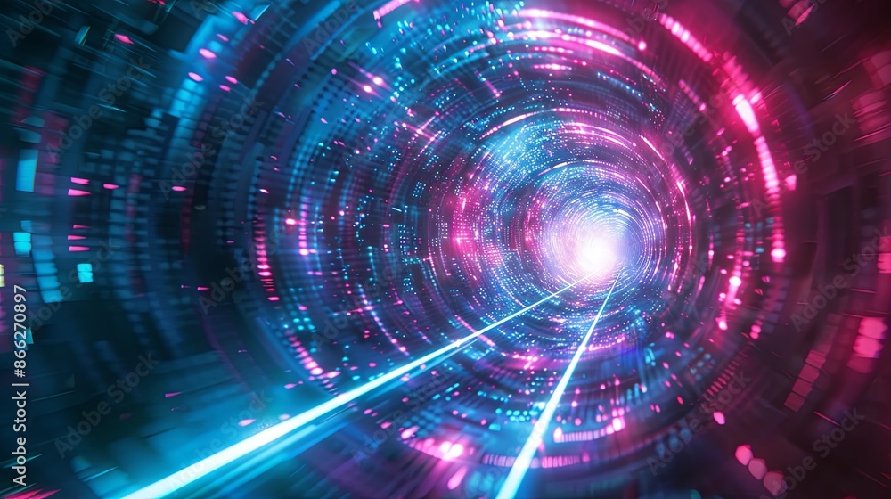 Poster 3d render, abstract background with blue and pink light rays and bokeh lights
