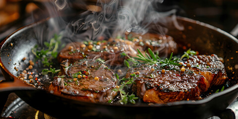Fototapeta premium Sizzling Steak in Grill Pan Appetizing Food Image