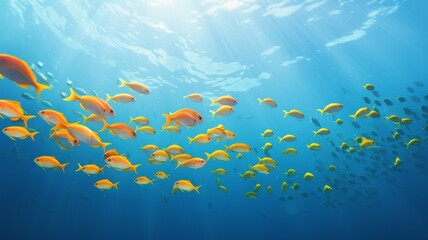 School of colorful tropical fish swimming underwater in sunlit ocean. Concepts. marine life, coral reef, aquarium, diving, snorkeling, nature, and beauty.
