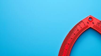 A red protractor placed in the bottom right corner of a solid blue background, ideal for geometry tasks.