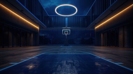 Modern Indoor Basketball Court with Futuristic Lighting and Sleek Design at Night