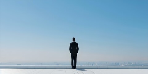 Obraz premium Observing the Cityscape An Executive on a Rooftop. Concept City Wanderlust, Urban Exploration, Rooftop Views, Executive Lifestyle