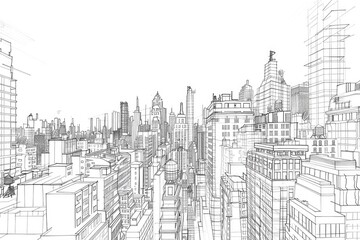 City skyline sketch featuring an array of urban buildings, high-rises, and architectural structures with detailed line art