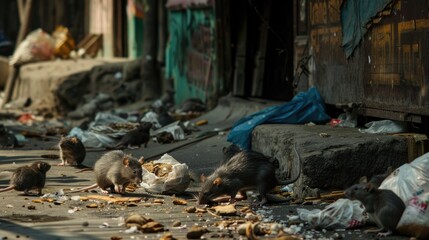 City streets, lots of rats eating leftover food, piles of rubbish, small and large rats.