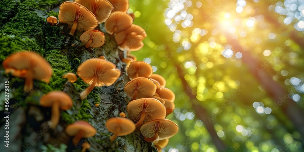 Poster sunlight filtering through lush forest canopy illuminating shiitake mushrooms growing on trees. conc