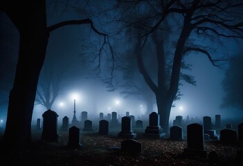eerie foggy graveyard glowing headstones night, cemetery, tombstones, markers, illuminated, nighttime, moonlit, misty, dark, spooky, creepy, haunting