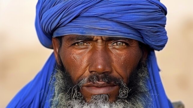 Portrait of a tuareg man with traditional blue turban in the desert