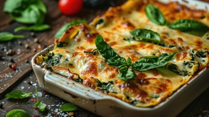 Close up of delicious spinach and cheese Italian lasagna on the table, international and popular food concept