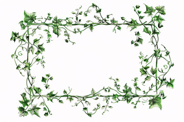 A frame made of green ivy leaves and vines on a white background