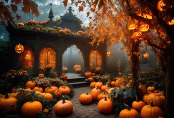 Obraz premium enchanted garden glowing pumpkins, magical, fantasy, halloween, decorations, illuminated, lanterns, outdoor, event, lights, autumn, festive, atmosphere, fall