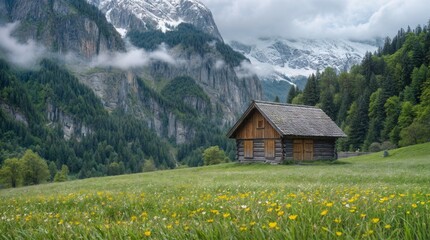 Fototapeta premium old wooden hut cabin in mountain alps at rural landscape