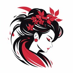 Beautiful Japanese Geisha Woman with Red Flowers in Hair, Traditional Japanese Culture, Art, and Beauty