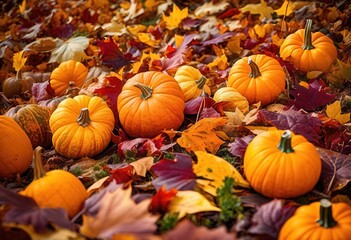 vibrant autumn leaves pumpkins close, colorful, seasonal, nature, foliage, orange, red, yellow, gourds, harvest, fall, colors, botanical, decor, garden