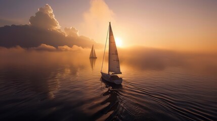 Fototapeta premium Tranquil Sunset Sailing with Boats on Calm Water and Dramatic Sky in the Background