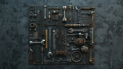 A square of assorted mechanical tools on a dark grey backdrop.