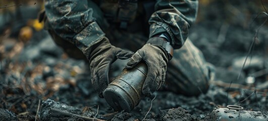 Obraz premium A soldier places an explosive mine with his hands in a shallow hole