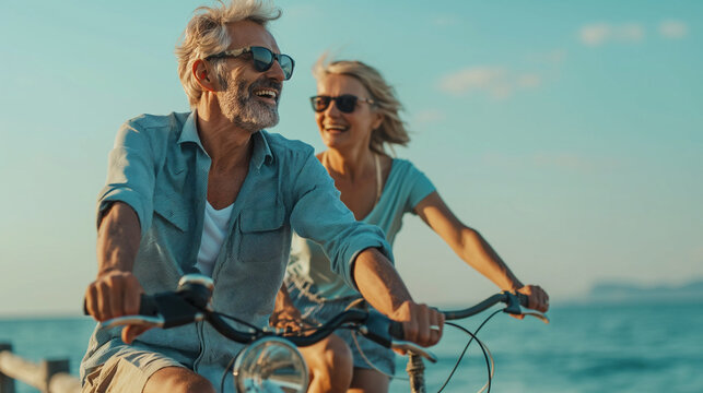 A happy elderly couple rides a bike together on a sunny day along the sea, enjoying an active lifestyle and outdoor exercises