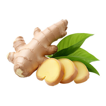 Ginger root with leaves isolated on transparent or white background, png