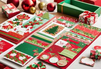 Fototapeta premium festive holiday themed scrapbooking supplies creative projects, collection, embellishments, stickers, paper, cardstock, ribbons, stamps, markers, washi