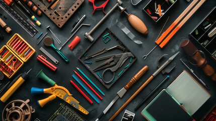 Fototapeta premium A square of assorted educational tools on a dark grey backdrop.