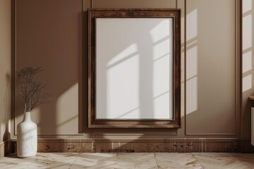 Close-up layout of poster frame in empty interior, 3d visualization, Coffee Brown background