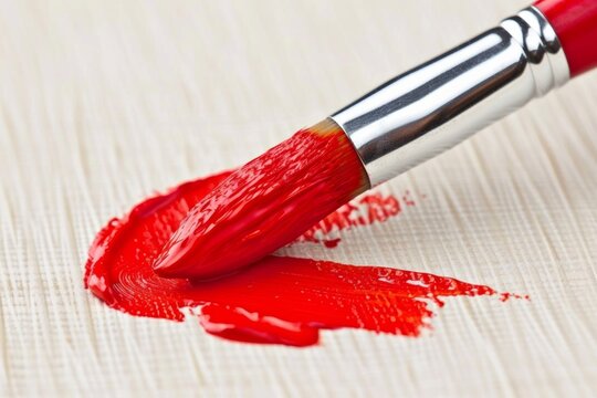 Close-up of red paintbrush stroke on canvas texture
