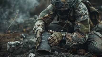 A soldier places an explosive mine with his hands in a shallow hole