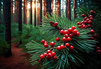 lush pine branches vibrant red berries forest setting, foliage, green, needles, winter, seasonal, botanical, christmas, decoration, holiday, flora, evergreen