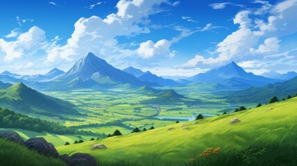 Breathtaking mountain landscape with lush green valley, perfect for travel or nature-themed backgrounds. Stunning illustration of serene scenery, blue sky, and clouds, showcasing beauty of wilderness