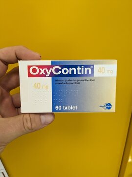 Prague,Czech republic-June 28 2024: OXY-CONTIN box of medication with Oxycodone active substance by Purdue Pharma, used for treatment of chronic and severe pain relief.