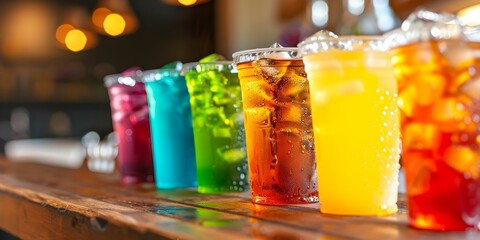 Assortment of carbonated beverages in plastic cups at cafes. Concept Cafe Drinks, Plastic Cups, Carbonated Beverages, Refreshing Sodas, Drink Assortment